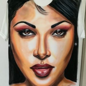 Aaliyah shirt hand painted and airbrushed Size L White cotton